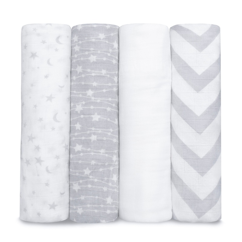 Muslin Swaddle Blankets, 4 Pack by Comfy Cubs – Grey