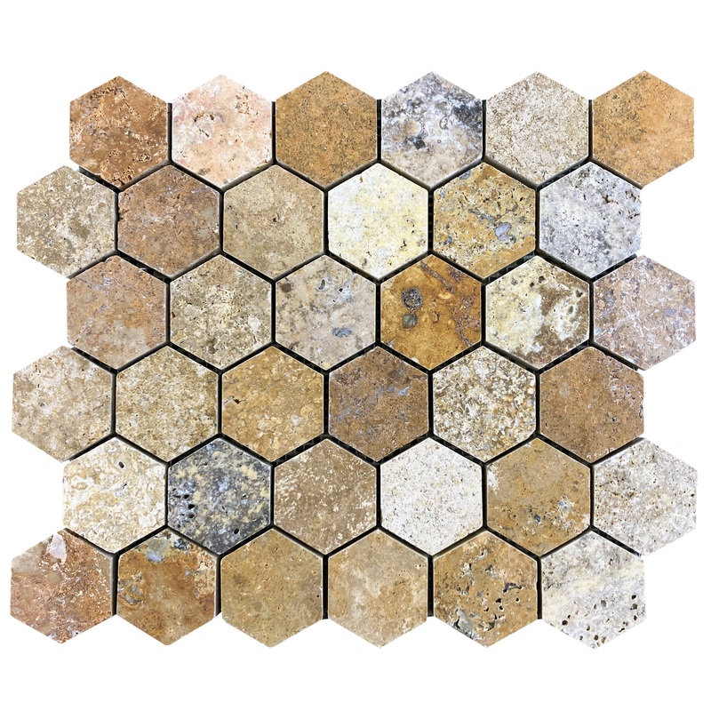 Scabos Travertine 2 Hexagon on 12×12 Mesh Mosaic Tile – Belair Collection