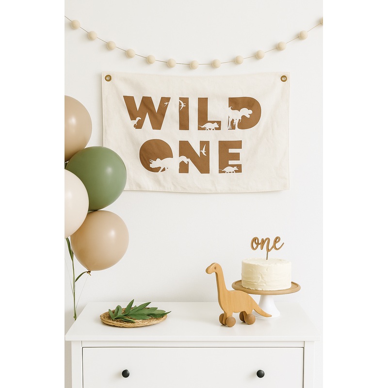 Wild One First Birthday Canvas Banner – Dino Theme