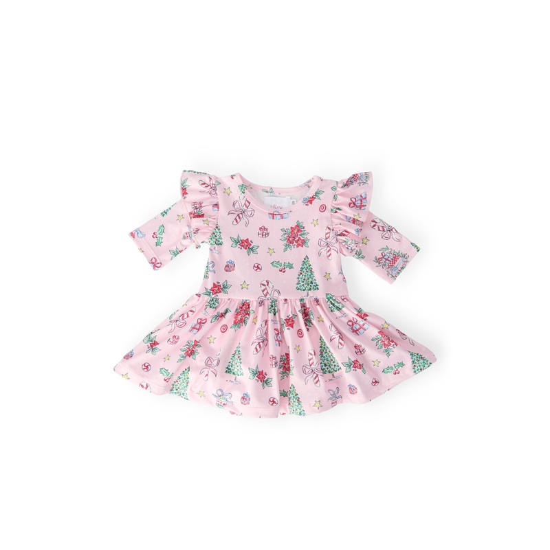 Pink Christmas 3/4 Sleeve Twirl Flutter Bodysuit