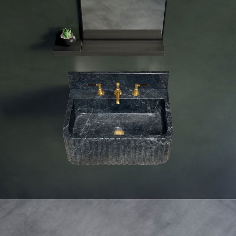 Sirius Black Marble Wall-mount Bathroom Sink Ribbed with 4 Backsplash (W)16 (L)20 (H)8