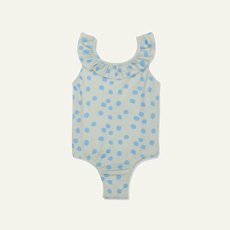 Recycled Polyester Sea Foam Dotted Ruffle Kid Swimsuit