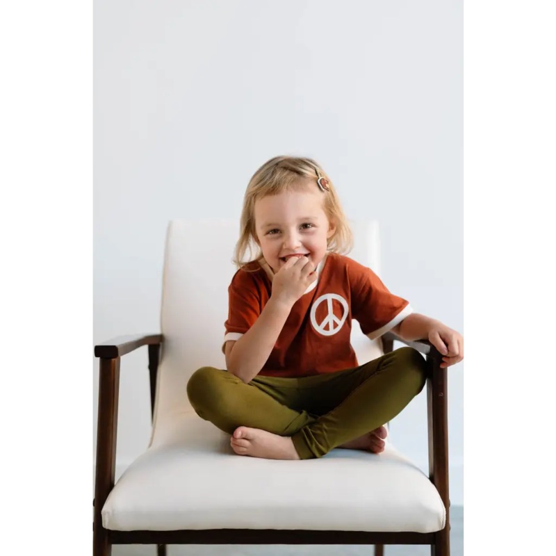 Peace Embroidered Ringer in Auburn