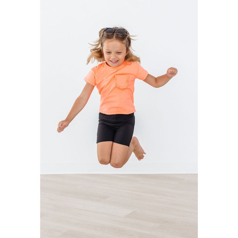 Neon Coral Ruffle Pocket Tee|6-12M|12-24M|2T|3T|4T|5/6|7/8|9/10