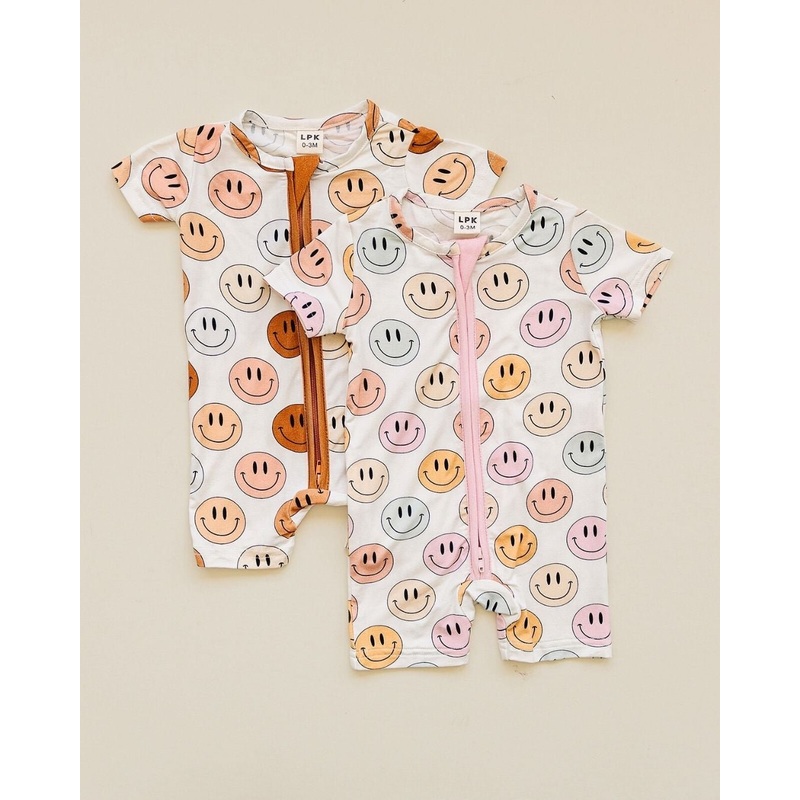 Smiley Bamboo Short Romper | Pink
