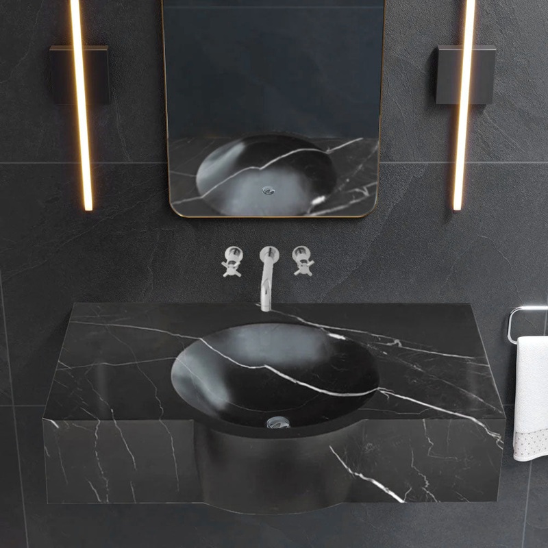 Toros Black Marble Rectangular Wall-mount Bathroom Sink (W)17 (L)30 (H)6