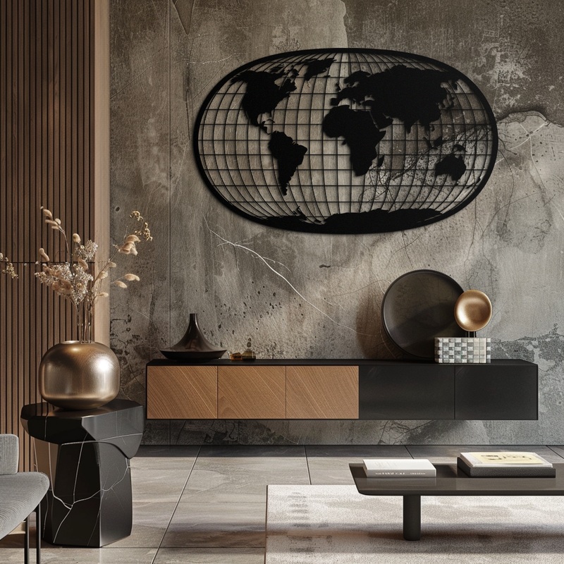 World Map Metal Wall Art – Globe Projection Steel Wall Decor – KAF103
