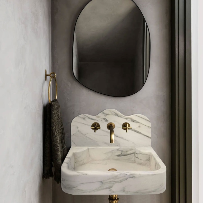 Calacatta White Marble Wall-Mount Bathroom Sink with Arabesque Backsplash (W)16 (L)24 (H)5