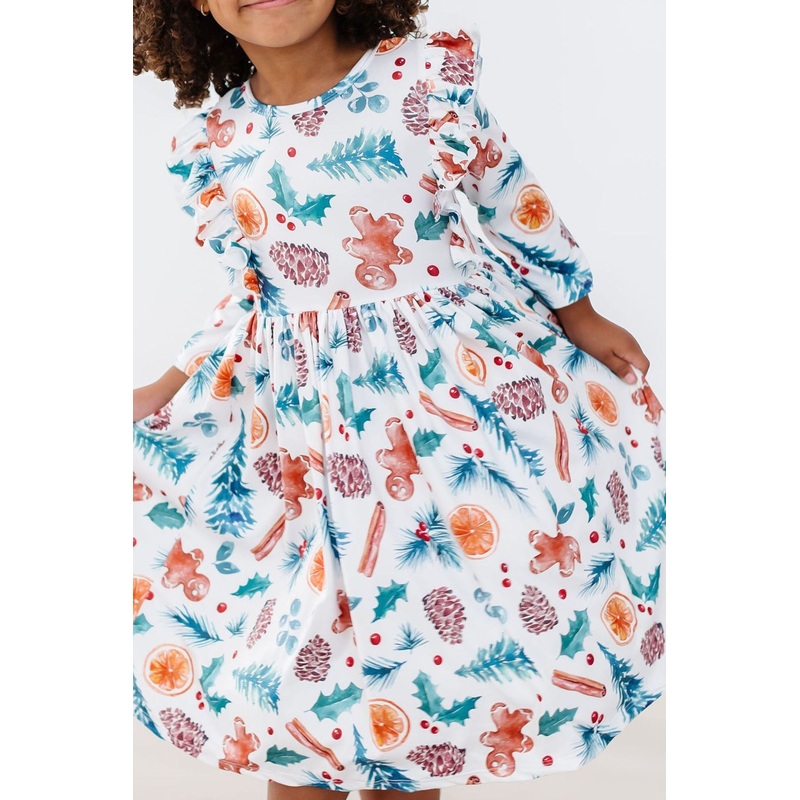 Classic Christmas 3/4 Sleeve Ruffle Twirl Dress