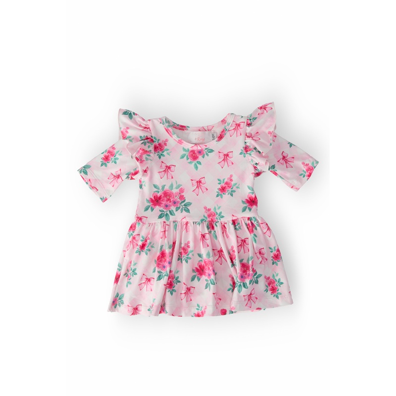 Gingham Bows 3/4 Sleeve Flutter Twirl Bodysuit