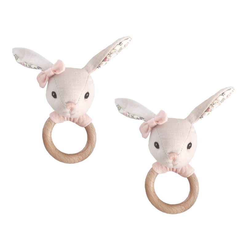 Linen Bunny Wood Rattle–2pcs assortment