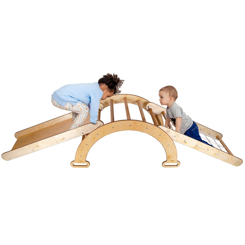 3in1 Montessori Climbing Frame Set: Wooden Arch + Slide Board + Climbing Net – Chocolate