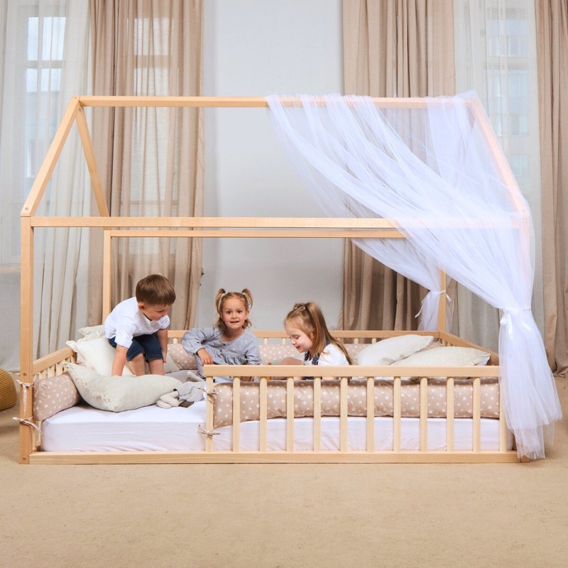 Twin Size Montessori House Bed for Kids with Fence (75×38 inch)