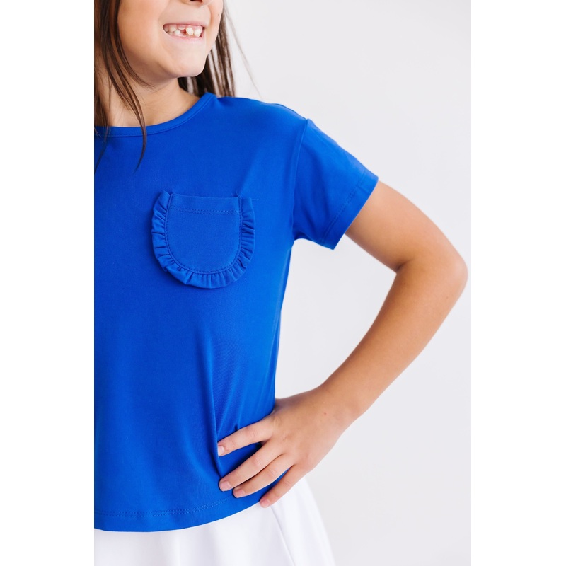 Royal Blue Ruffle Pocket Tee|6-12M|12-24M|2T|3T|4T|5/6|7/8|9/10