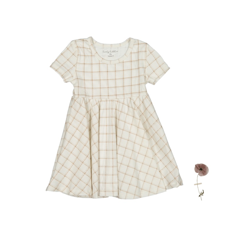 The Printed Short Sleeve Dress – Tan Grid