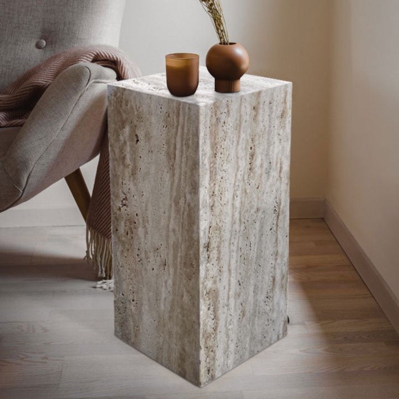 Walnut Travertine Vein-cut Cube Design End/Side Table, Nightstand Polished (W)10 (L)10 (H)24