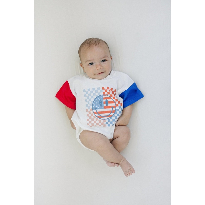 4th of July Checker Smiley T-Shirt Romper