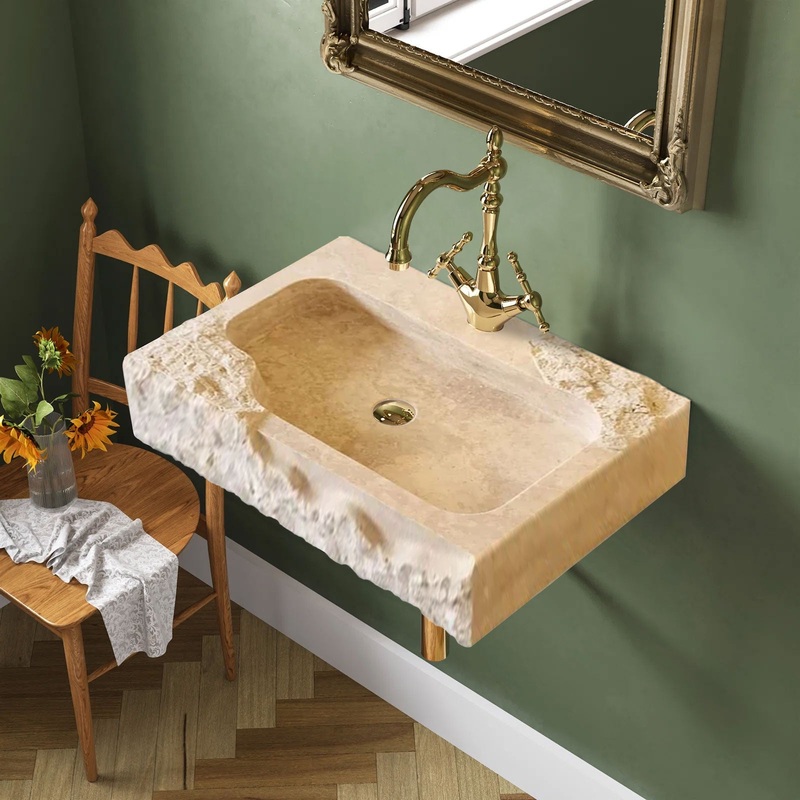 Beige Travertine Rectangular Wall-mount Bathroom Sink Rustic (W)16 (L)24 (H)5
