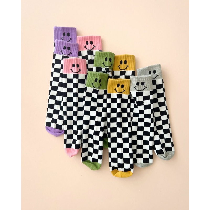 Checkered Smiley Socks | Pink|One Size