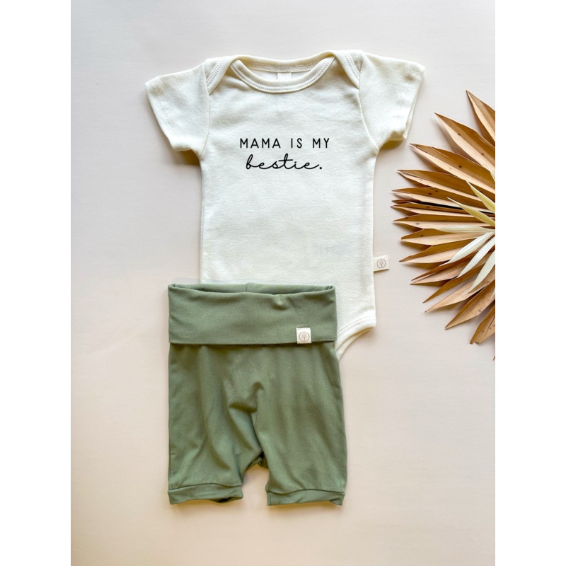 Mama Bestie | Bamboo Fold Over Shorties and Organic Cotton Bodysuit Set | Eucalyptus