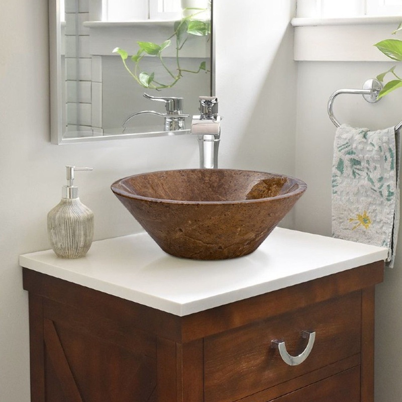 Noce Brown Travertine Powder Room Above Vanity V-Shape Tapered Sink (D)16 (H)6
