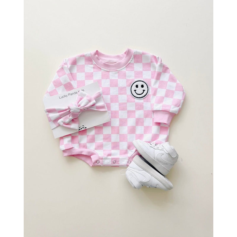 Bubble Romper | Checkered Smiley Pink