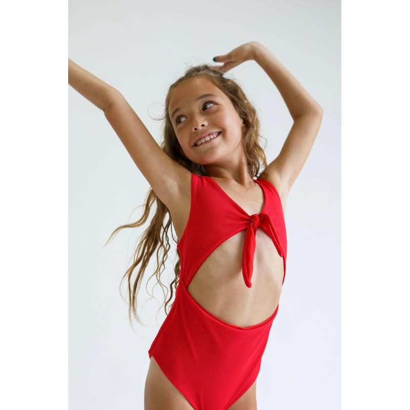 Girl’s Cutout One Piece in Red Ribbed