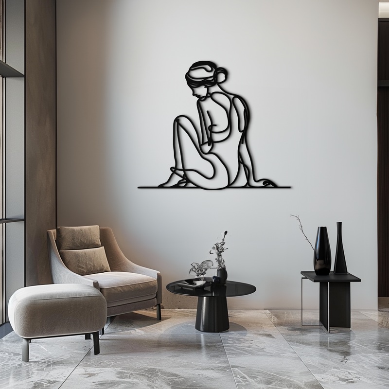 Minimalist Sitting Woman Metal Wall Art – Elegant Modern Line Art Decor – KAF065