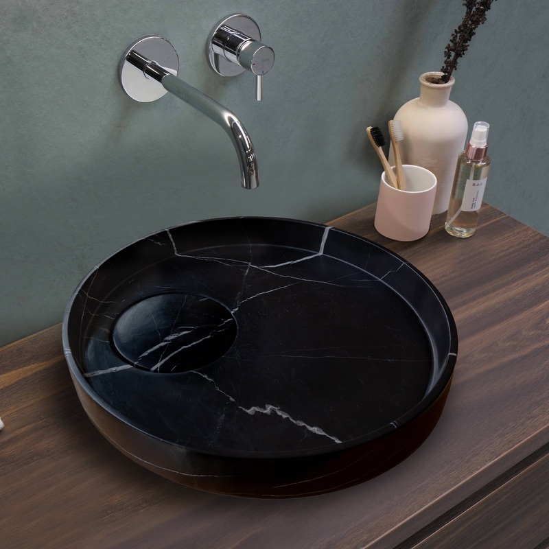 Natural Stone Toros Black Marble Above Vanity Designer Bathroom Sink Polished (D)17.5