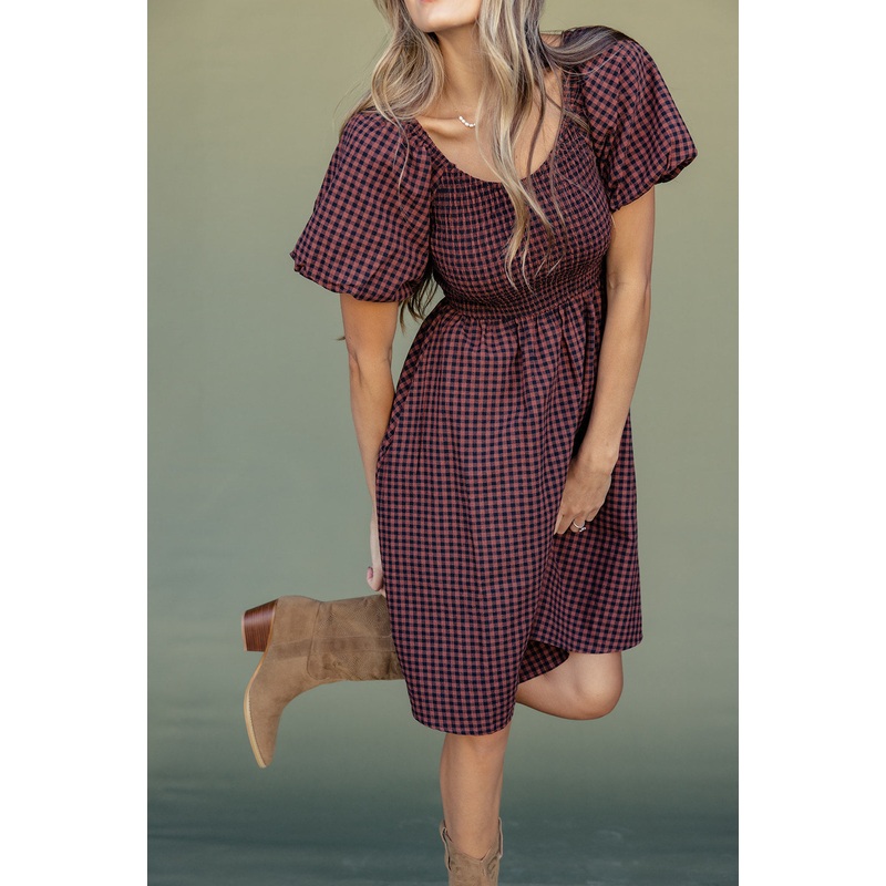 Danbury Gingham Smocked Dress|FireBrick|S|M|L|XL
