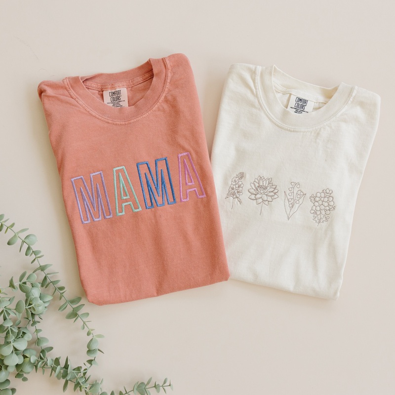 Women’s Custom Embroidered Comfort Colors Tee – Mama or Mother’s Day Designs