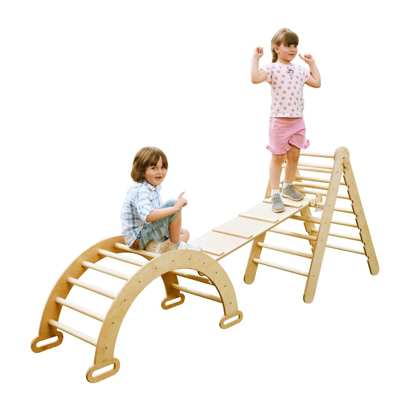 3in1 Montessori Climbing Set: Triangle Ladder + Wooden Arch + Slide Board  Beige NEW