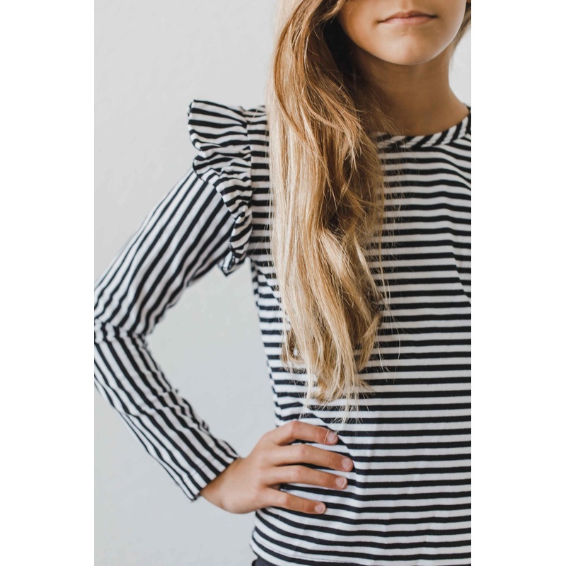 Black & White Stripe L/S Ruffle Tee