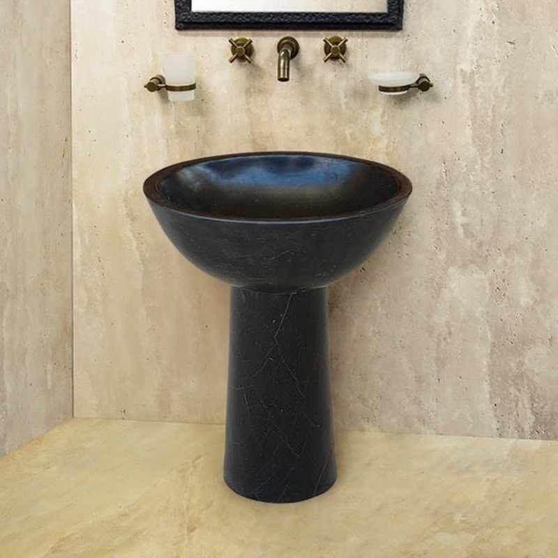 Toros Black Marble Natural Stone Stand-Alone Pedestal Oval Top Sink (W)17 (L)20 (H)33.5
