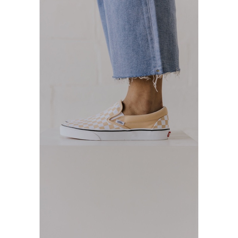 Checkerboard Slip On Vans|PeachPuff|DarkOliveGreen|6|6.5|7|7.5|8|8.5|9|9.5|10|11
