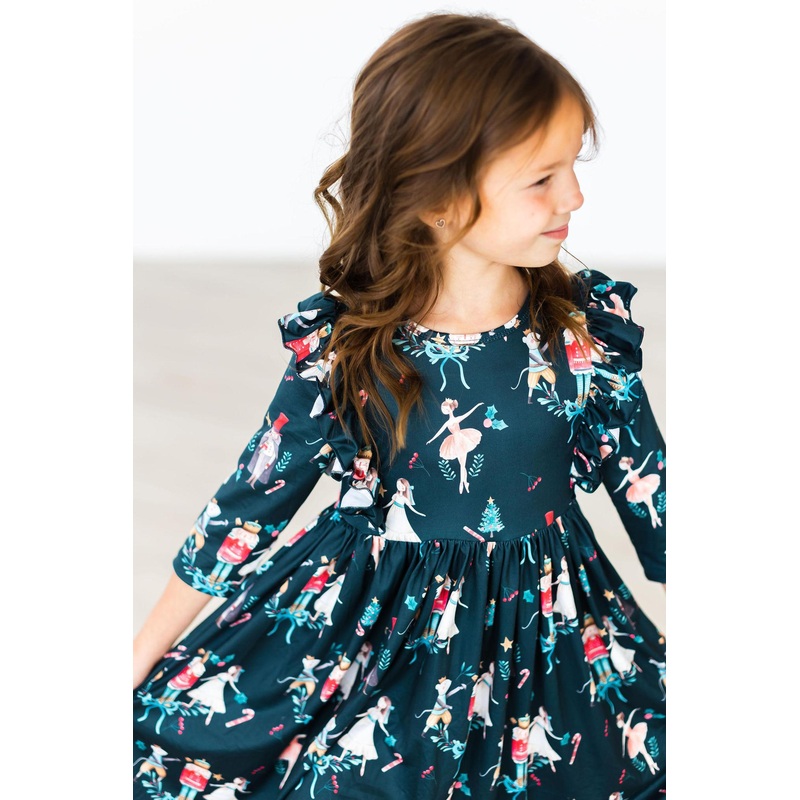 Christmas Ballet 3/4 Sleeve Ruffle Twirl Dress