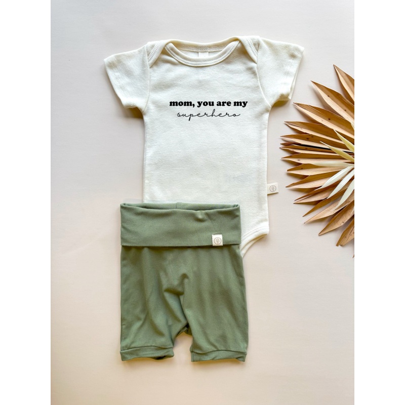 Mom Superhero | Bamboo Fold Over Shorties and Organic Cotton Bodysuit Set | Eucalyptus
