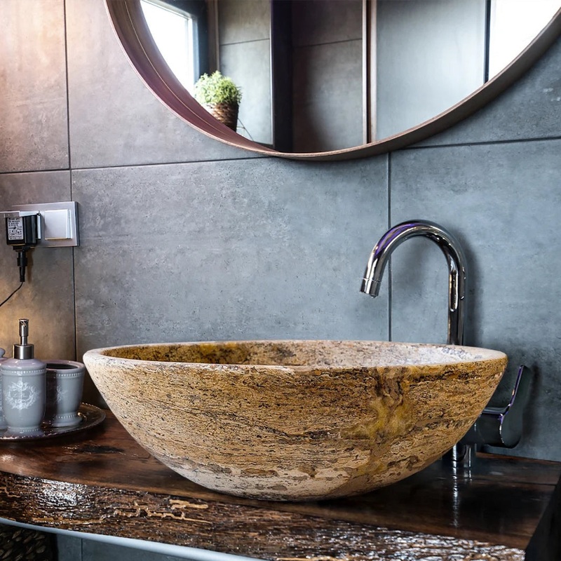 Valencia Travertine Natural Stone Above Vanity Oval Vessel Sink (W)16 (L)21 (H)6