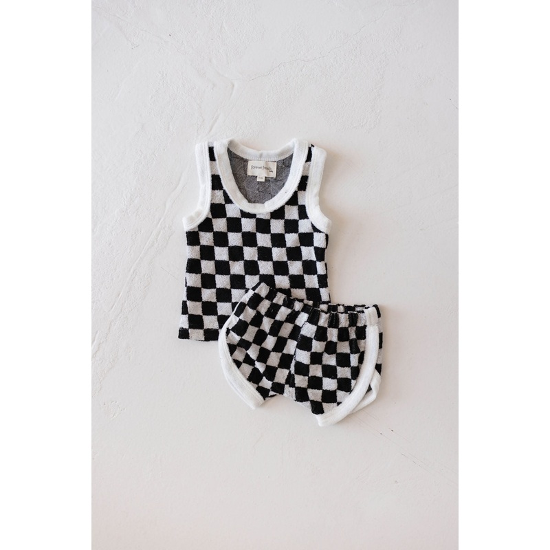 Terry Tank Short Set | Black + White Checker