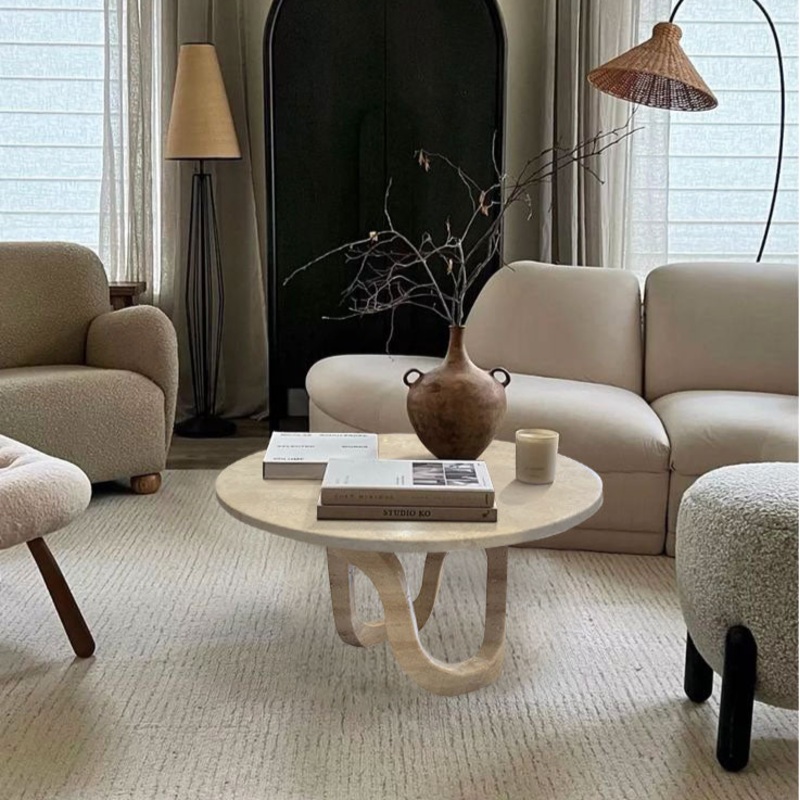 Troia Light Travertine Vein-cut Designer Round Polished Coffee Table (D)24 (H)14