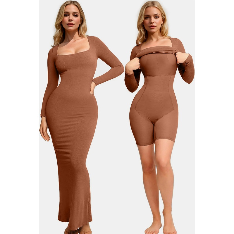 Basic Bae Built-In Shapewear Square Neck Long Sleeve Maxi Dress