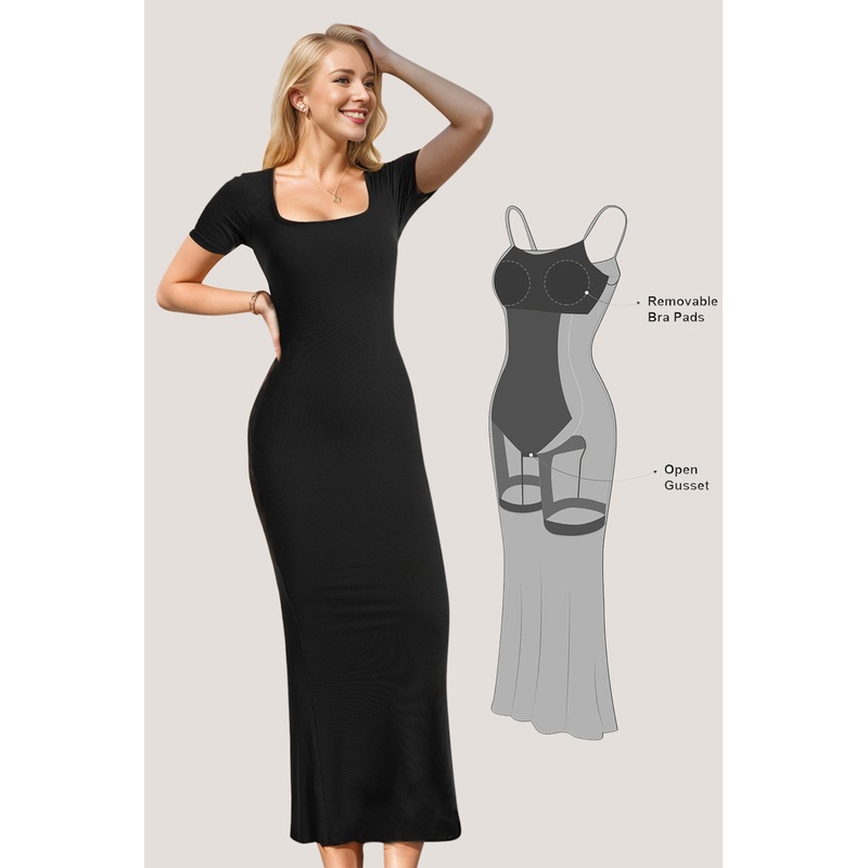 Basic Bae Built-In Shapewear Square Neck Short Sleeve Maxi Dress