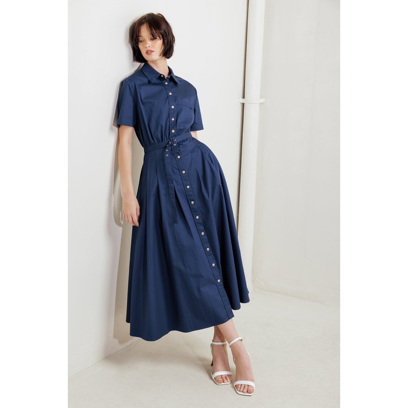 CINCHED COUTURE WOVEN MIDI DRESS