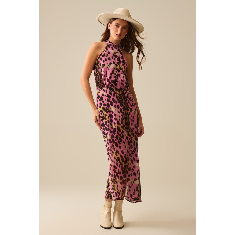 Crossed Halter Neck Midi Dress in Pink and Black Animal Print