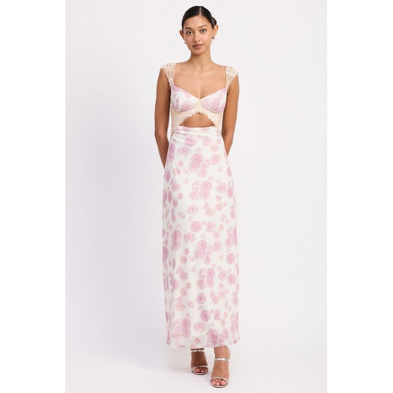 FLORAL MESH LACE TRIM MAXI DRESS WITH BUST CUTOUT