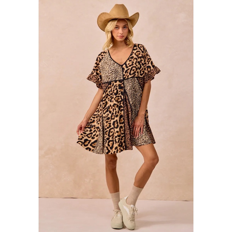 Leopard Prints Mix and Match Short Sleeves Dress
