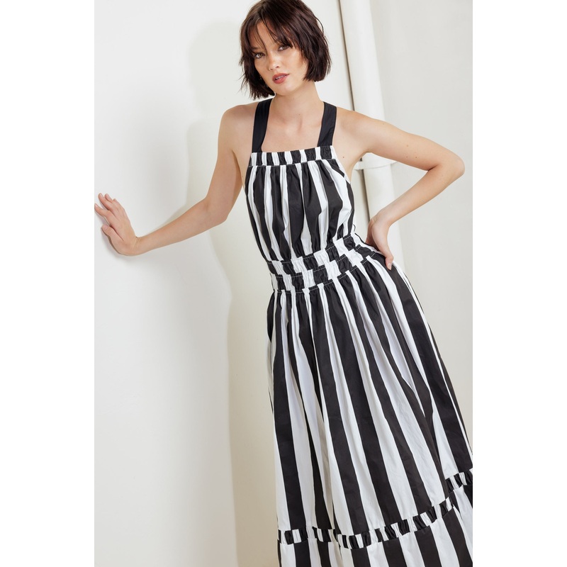 LUXE LINEAR STRIPED WOVEN MIDI DRESS