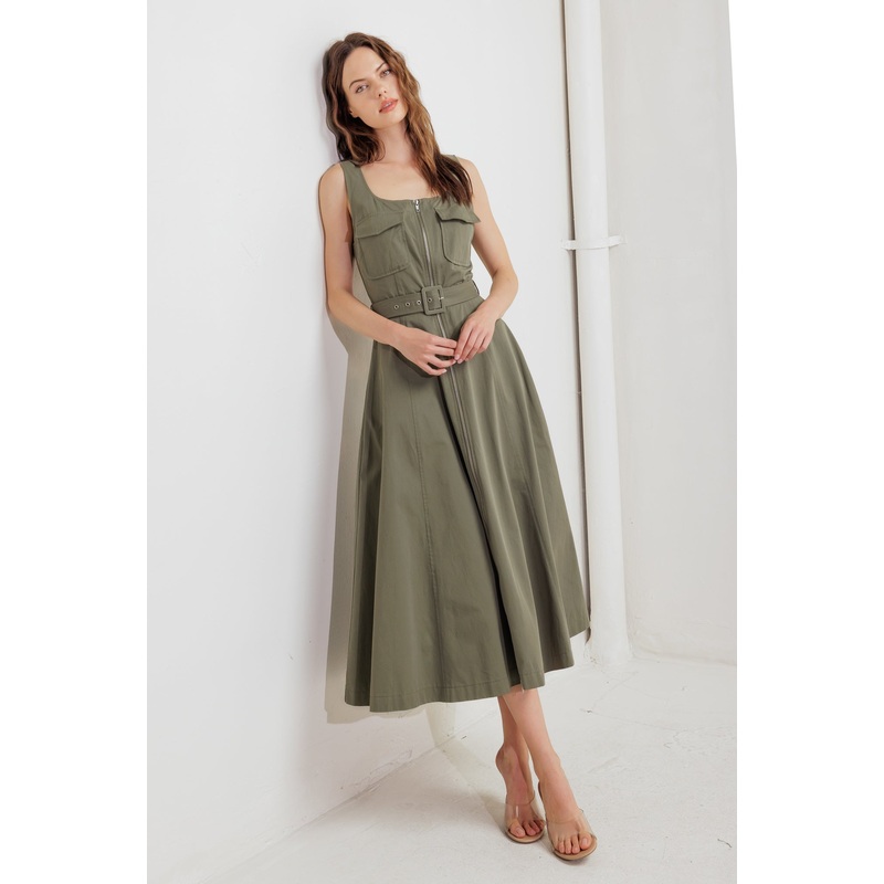 OLIVE GROVE WOVEN MIDI DRESS|OLIVE|S|M|L