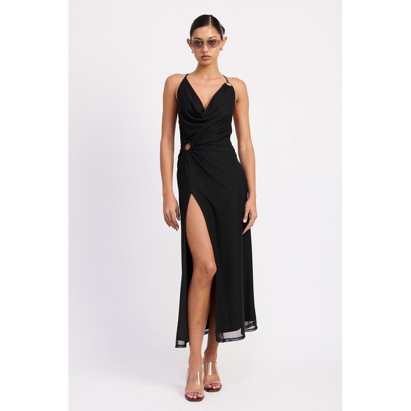 RUCHED HALTER MIDI DRESS WITH SIDE RING CUTOUT
