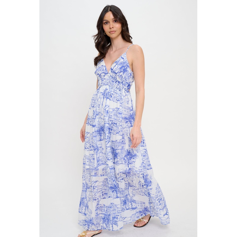 Santorini Coastal Sketch Maxi Dress
